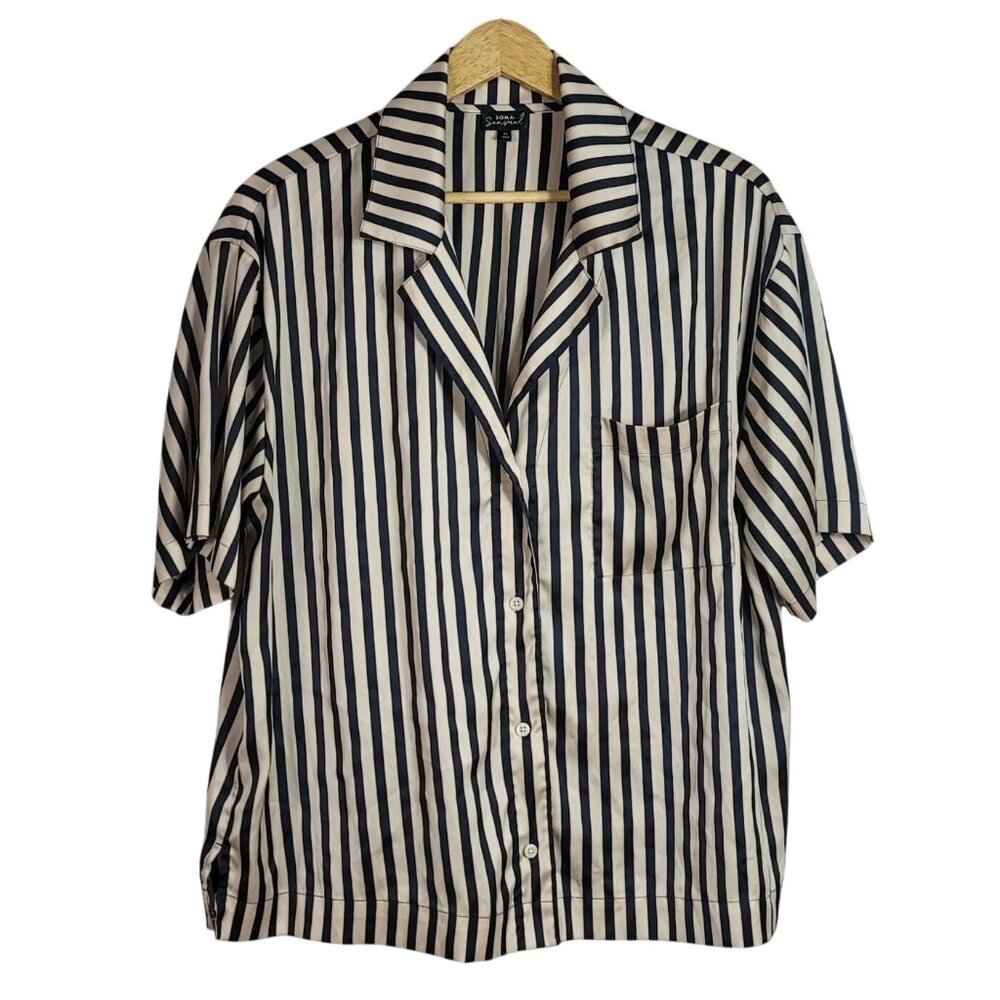 Soma Sensual Satin Striped Pajama Set Tan Black XL Long Pants Short Sleeve 2 PC - Picture 2 of 13